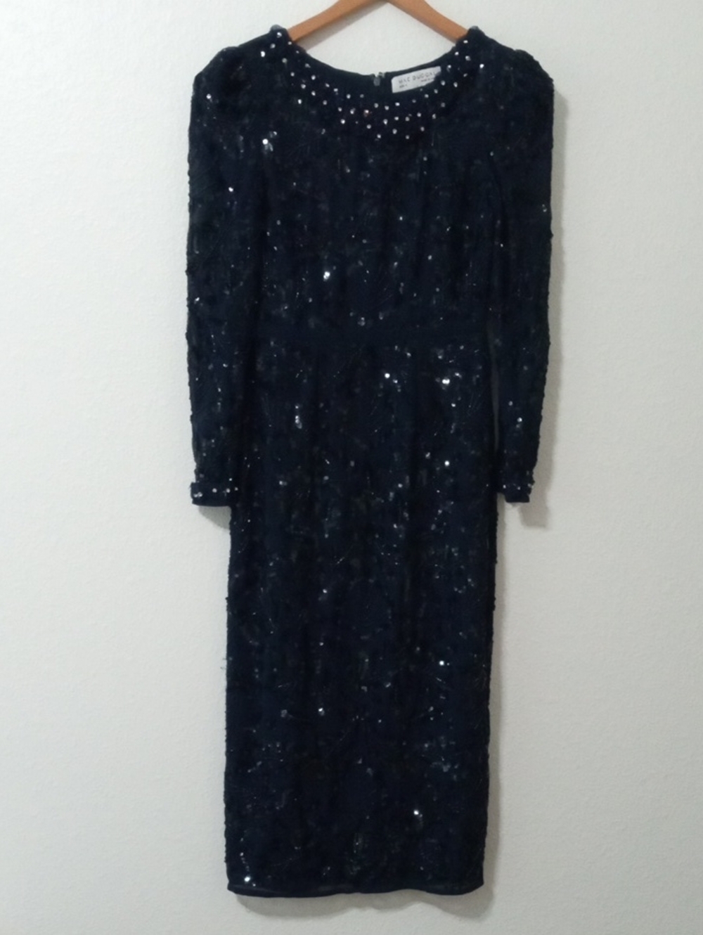 Mac Duggal Navy Blue beaded Sequin Long Sleeve Evening Dress